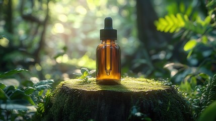 Amber glass dropper bottle placed on moss-covered tree stump surrounded by lush green foliage in sunlit forest
