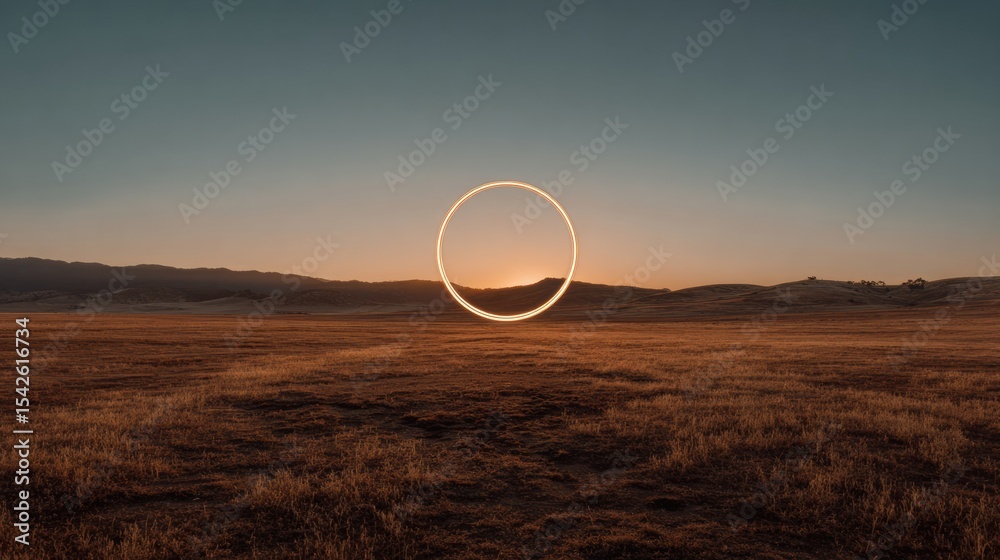 Poster golden light creates a gentle smile arc over an empty field at dusk