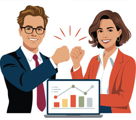 Business team celebrating success with fist bump in front of a laptop displaying growth chart data