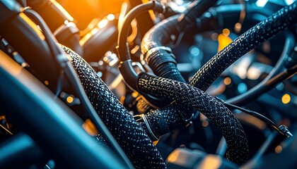 Intricate network of black braided hoses and tubes suggests complex mechanical or automotive system.