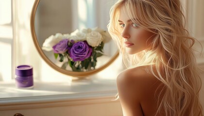 Blonde woman with long wavy hair looking thoughtfully to the side with a vase of white and purple roses and a cosmetic container on a bright windowsill
