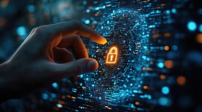 Hand reaching toward glowing digital lock symbol on a high-tech blue and orange data matrix background representing cybersecurity and data protection