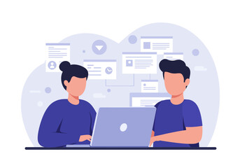 Two faceless people work at a laptop surrounded by floating information screens