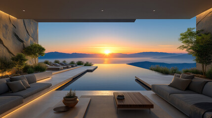 Fototapeta premium Serene Infinity Pool at Sunset: An open-air infinity pool.