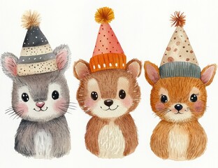 Three adorable cartoon animals wearing colorful polka dot party hats with pom-poms, smiling and looking cheerful in a whimsical style