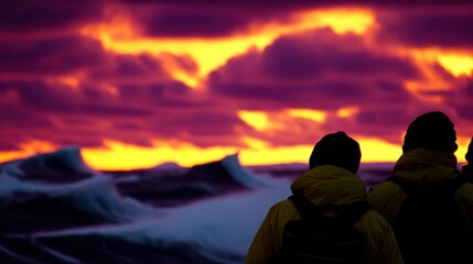 Silhouetted figures observe a fiery sunset over icy waves