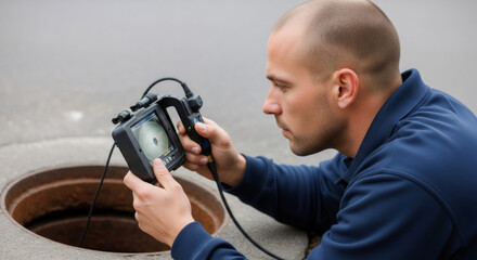 Caucasian man is operating a sewer camera inspecting underground pipes. Sewage system maintenance and drain repair services.
