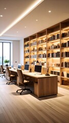 Library-style office reading zone with organized wooden shelves and warm lighting
