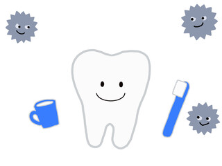 虫歯菌と健康で元気な歯：歯磨き：青・主線あり