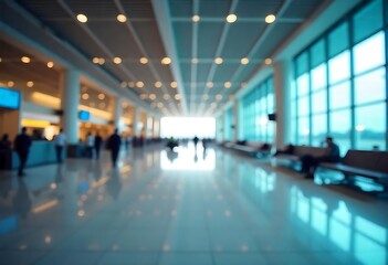 Generative AI image showing a modern airport terminal with blurred passengers and natural light