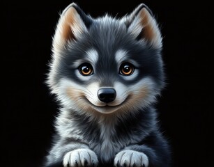 Obraz premium Close-up of an adorable fluffy puppy with bright eyes and a gentle smile against a black background, conveying warmth and innocence