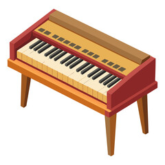 An isometric, colorful cartoon illustration of a harmonium or keyboard organ with a red base, light brown top, and a full set of black and white keys, resting on four wooden legs.