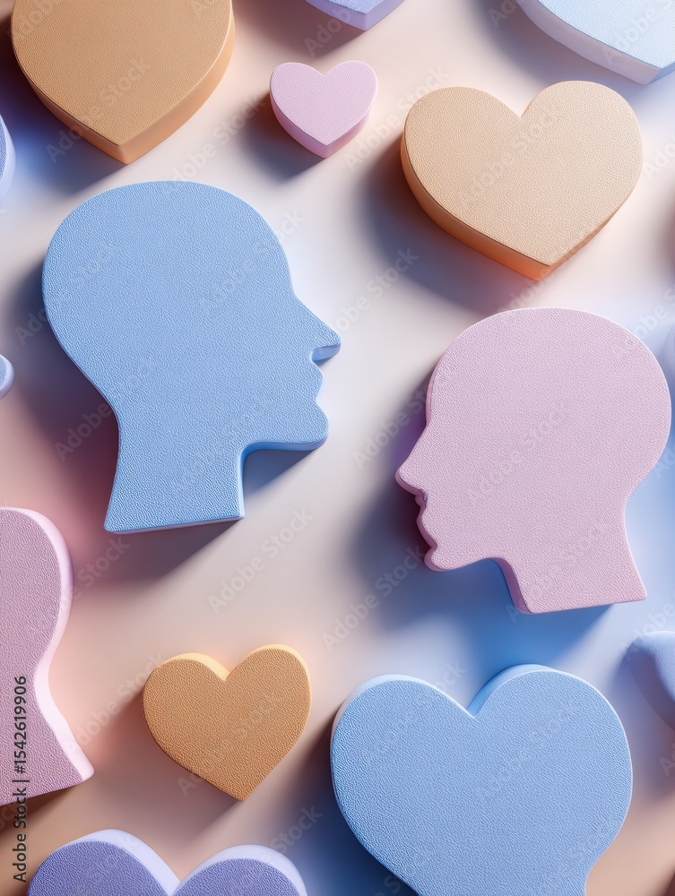 Poster Mind and Heart Symbols Overlap on a Pastel Field, Showcasing Harmony and Connection in a Creative Display