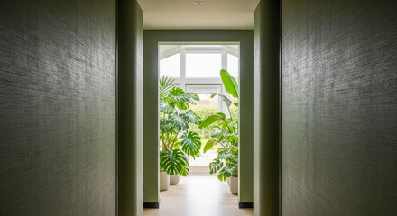 A hallway with textured green walls leading to a bright, sunlit room filled with large tropical plants in white pots, framed by a large window.