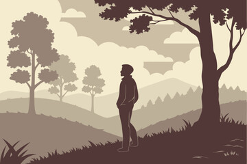 Lone man silhouette standing in forest with trees and mountains behind