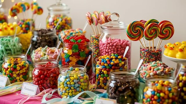 Colorful candy display with assorted sweet treats in glass jars and bowls