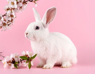 Obraz premium white rabbit with flower on pink background 