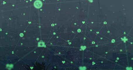 medical icons materializing over cityscape forming network visualizing urban health then dissolving - Powered by Adobe