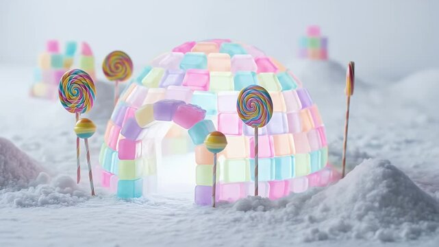 Colorful candy igloo on snow decorated with lollipops miniature ice structure playful scene for design or advertising