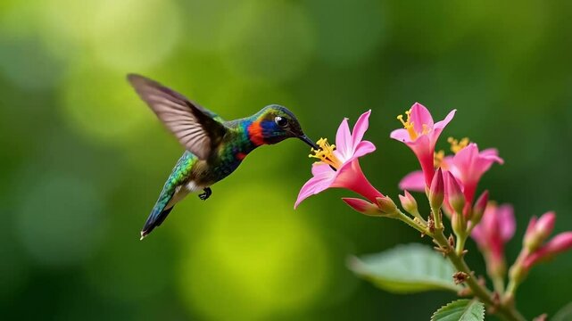 Colorful hummingbird drinking nectar from pink flowers in garden
