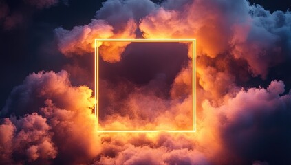 Neon square frame in fiery clouds