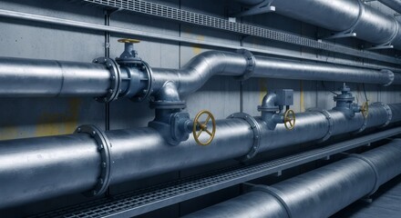 Industrial metal pipeline system with yellow valves on a concrete wall. Infrastructure concept for water, gas, or sewage transport.