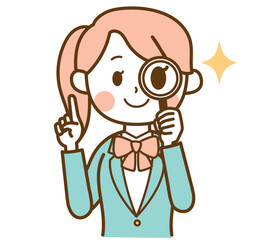虫眼鏡でポイントをチェックするブレザー制服の学生の女の子のイラスト素材