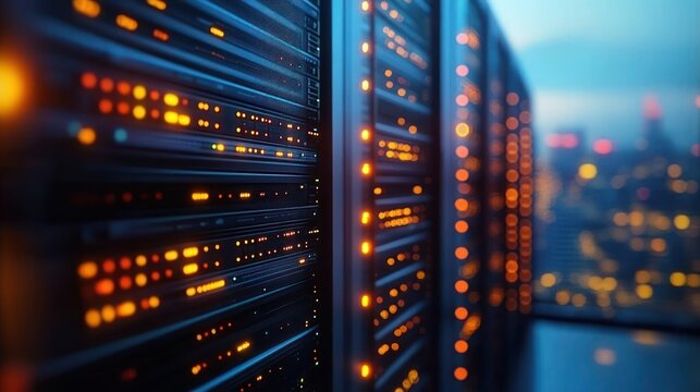 Close-up of multiple server racks with illuminated orange and yellow indicator lights in a data center with a blurred cityscape visible through a window