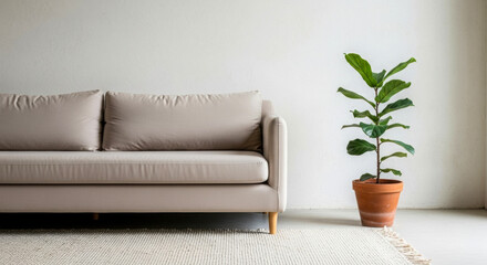A minimalist living space featuring a beige sofa, a potted fiddle leaf fig plant, and a textured rug against a plain white wall and concrete floor.
