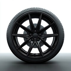 Obraz premium Close-up of a sleek black alloy car wheel with a radial spoke design and a high-performance tire against a neutral background