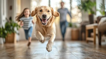 joyful golden retriever dog running indoors towards the camera with smiling child and adult blurred in background in bright living room