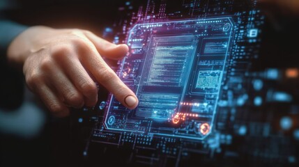 Close-up of human finger interacting with futuristic transparent digital interface with glowing blue and orange data and code elements