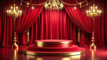 Elegant red and gold stage design with chandelier and drapes for luxury presentation