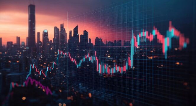 Digital stock market chart overlay projected on blurred city skyline during vibrant sunset, indicating financial trends and technology integration