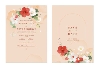 Wedding invitation and save the date template set of white and red flowers with green foliage and subtle watercolor splotches on a soft peach background
