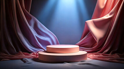 Elegant stage design with pink pedestal and flowing silk drapes for product presentation