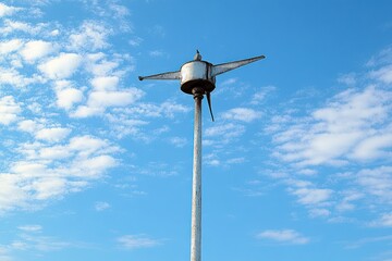 Old weather vane on a tall pole against a bright blue sky with scattered white clouds and a bird perched on top