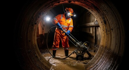 A man in protective gear operates a cleaning machine inside a large sewer pipe, illustrating industrial sanitation work.