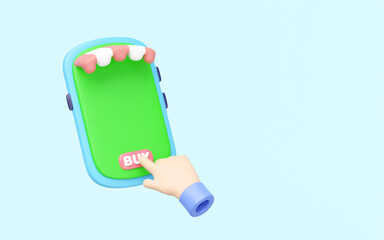 3D businessman using mobile phone with store front isolated on blue background. Ideal for online shopping concepts. Minimal and modern design. cartoon style, 3d render illustration