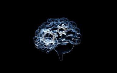 3d human brain transparent icon with gear isolated on black background. thought mechanism in brain concept, 3d illustration render