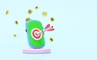 3d smartphone with target, dart, podium icon isolated on blue background. business accuracy target, Investment ,finance, success concept, 3d render illustration, cartoon style