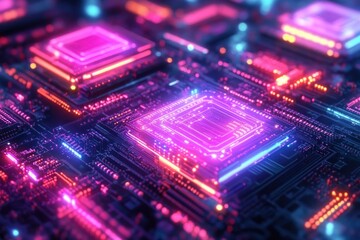 Obraz premium Close-up of a futuristic circuit board with glowing neon pink, purple, orange, blue lights illustrating advanced technology and digital connectivity in a dark setting