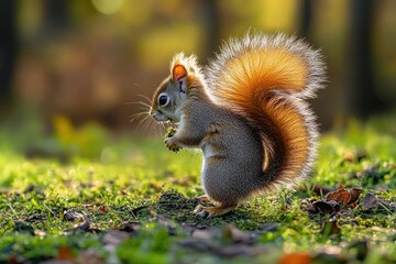 Fototapeta premium Small squirrel with bushy tail holding food standing on green mossy ground with blurred forest background in warm sunlight