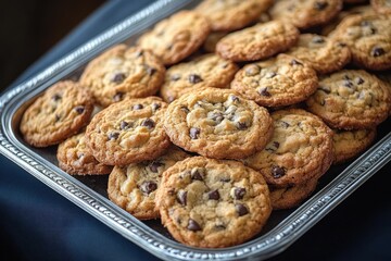 Tray of freshly baked chocolate chip cookies with golden brown edges and melty chocolate chips on a silver serving tray