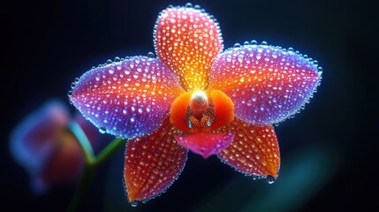 Fototapeta premium Close-up of vibrant orange and purple orchid flower covered with dewdrops against a dark background, conveying freshness and delicate beauty