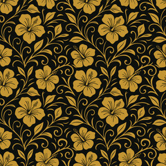 Modern vintage hibiscus seamless pattern with delicate gold line art, suitable for fashion design, decoration, fabric, wallpaper, and printing on dark color background