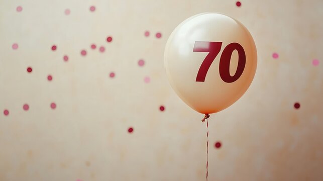 cream colored balloon floating with number seventy printed in dark red against a light background with scattered small red and pink circles, festive and celebratory mood - Powered by Adobe