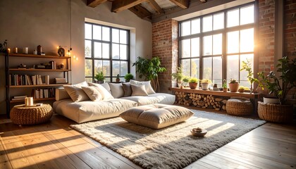 Sunlight streams into a tranquil living space featuring a comfortable couch and rustic accents.