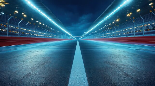 Empty illuminated race track at night with bright floodlights and dark cloudy sky creating a dramatic atmosphere