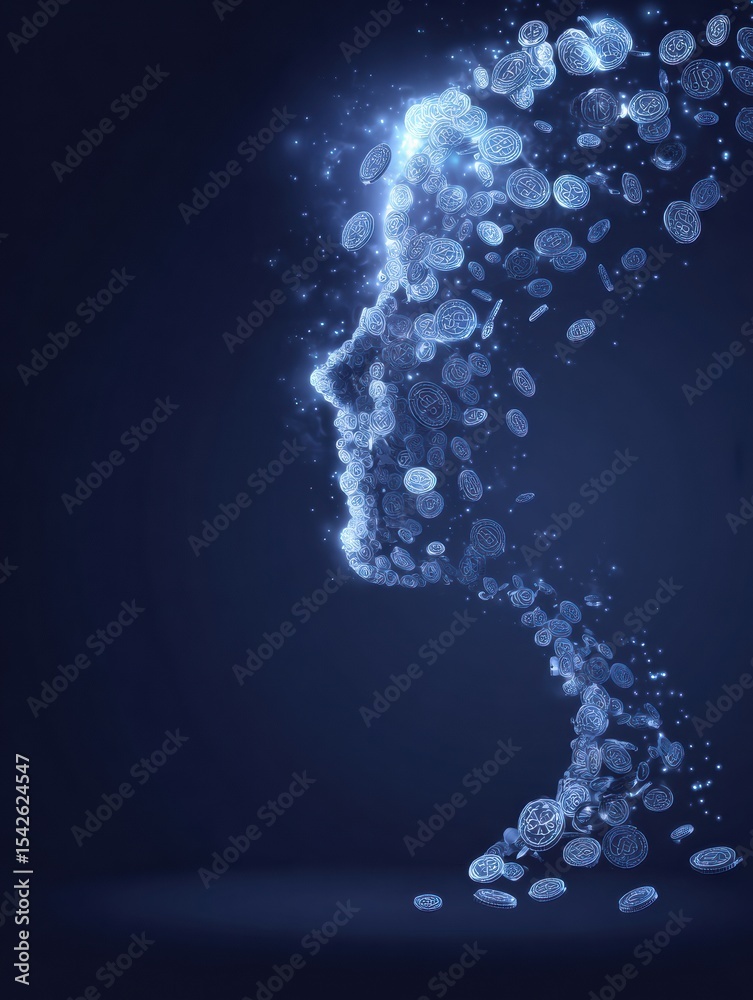 Poster floating betting tokens surround a digital head silhouette in a tech-inspired design against a dark 